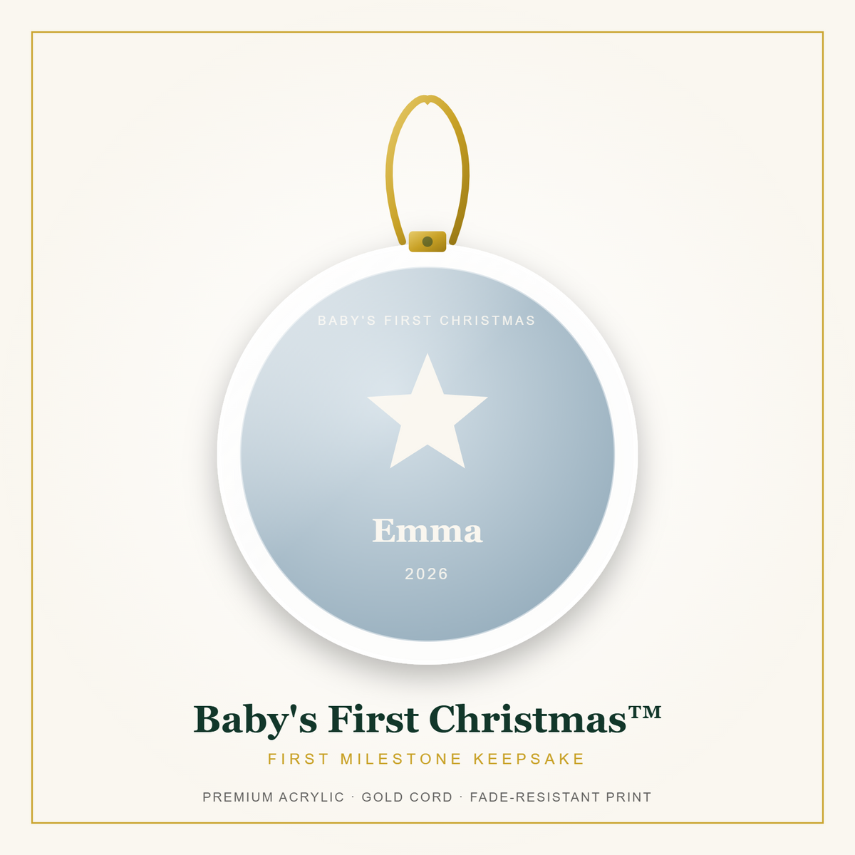 Baby's First Christmas milestone keepsake ornament with gold cord