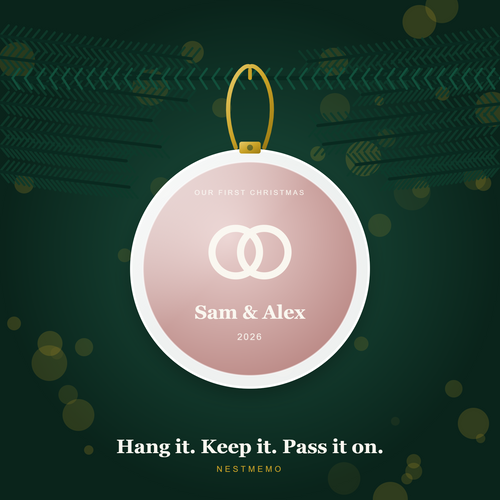 Couple ornament hanging on an evergreen branch