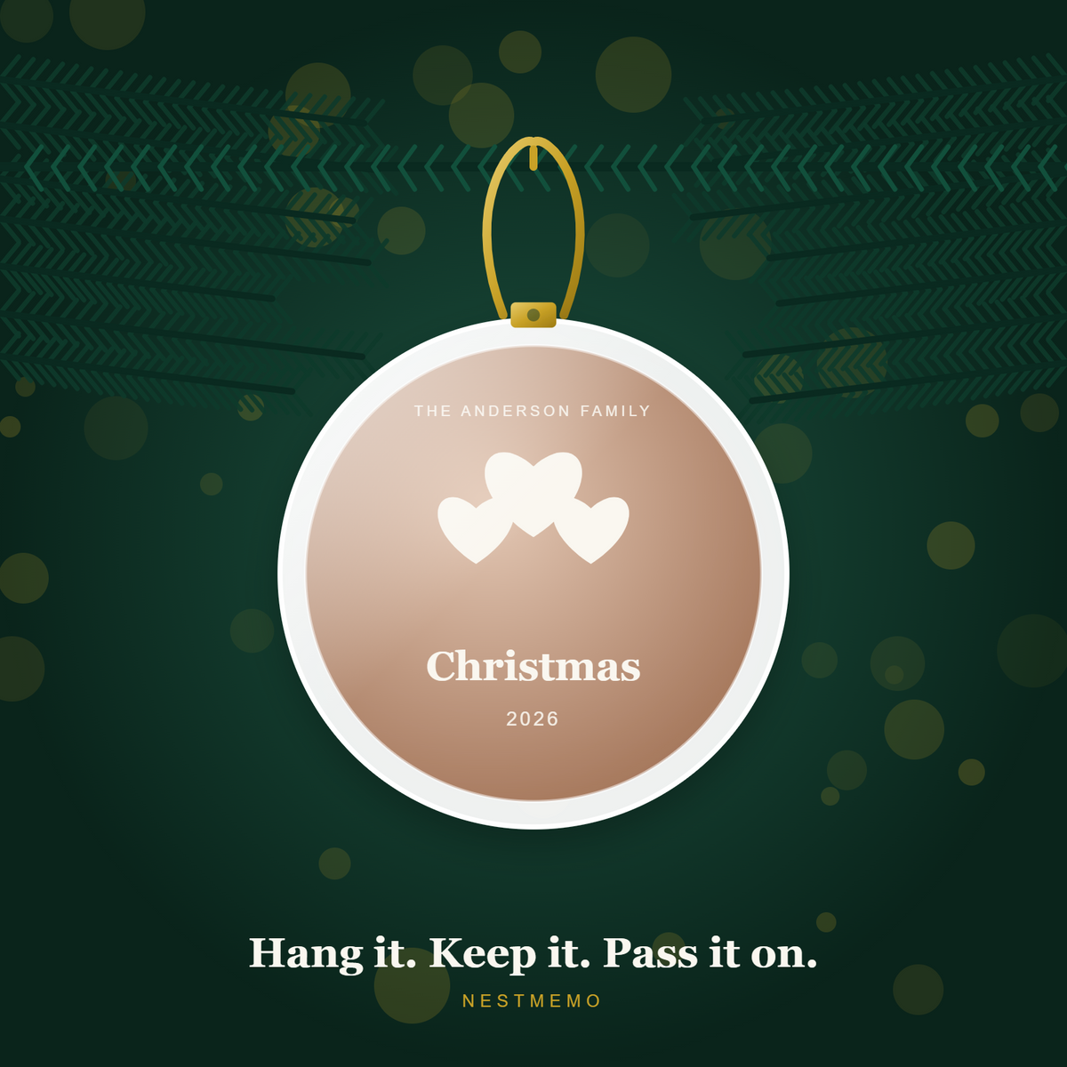 Family memory ornament hanging on an evergreen branch