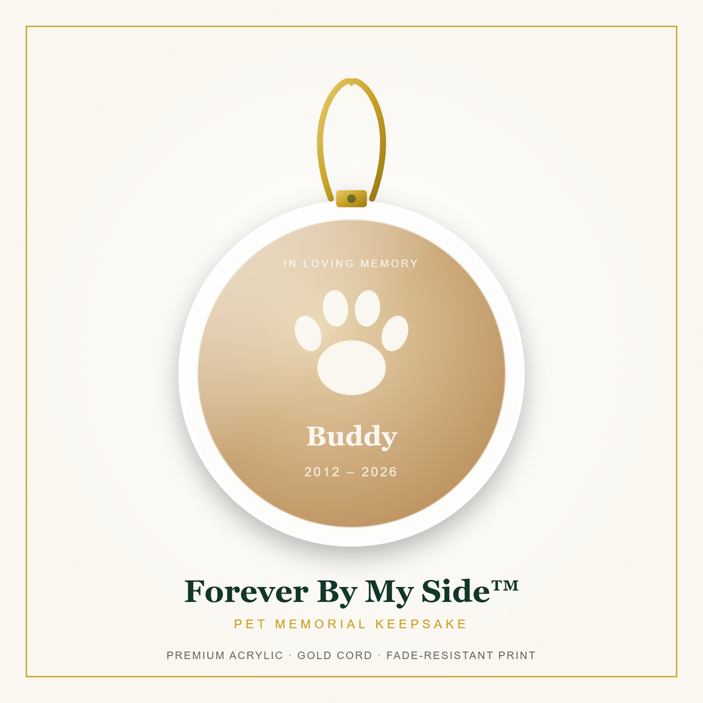 Forever By My Side pet memorial ornament with gold cord and paw print